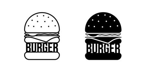 Burger fast food isolated black icon set. Hamburger linear symbol for cafe or restaurant menu. Cheeseburger badge flat vector eps illustration