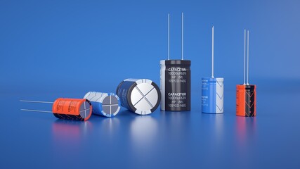 Various capacitors of different sizes and types. - obrazy, fototapety, plakaty