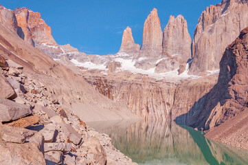 Morning view of Torres mountains. Torres del Paine national park. Chile.