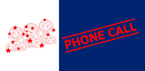 Mesh call center staff polygonal icon vector illustration, and red PHONE CALL corroded watermark. Abstraction is based on call center staff flat icon, with stars and polygonal mesh.