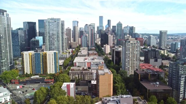 Seattle downtown aerial - drone flight over buildings of Seatlle city (USA, Washington) near Space Needle park