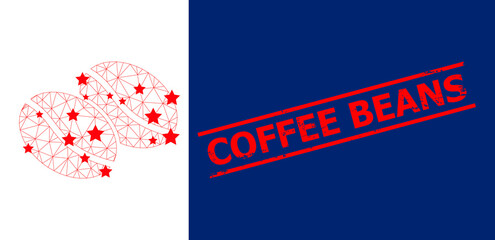 Mesh coffee beans polygonal icon vector illustration, and red COFFEE BEANS grunge stamp seal. Carcass model is created from coffee beans flat icon, with stars and polygonal net.