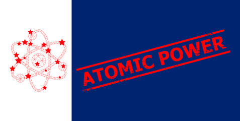 Mesh atom electrons polygonal icon vector illustration, and red ATOMIC POWER textured stamp seal. Carcass model is based on atom electrons flat icon, with stars and triangle mesh.