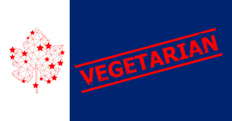 Mesh grape leaf polygonal icon vector illustration, and red VEGETARIAN rough stamp. Model is based on grape leaf flat icon, with stars and polygonal mesh. VEGETARIAN caption is between parallel lines.