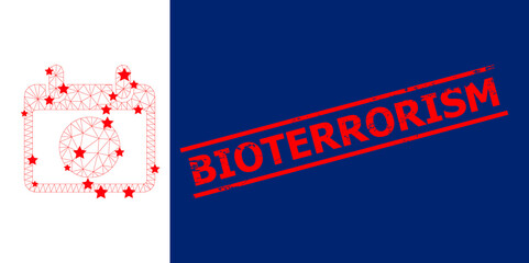 Obraz premium Mesh atomic calendar page polygonal 2d vector illustration, and red BIOTERRORISM unclean watermark. Carcass model is created from atomic calendar page flat icon, with stars and triangular mesh.