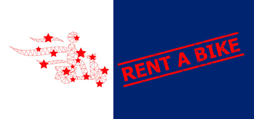 Mesh fast motorbike courier polygonal icon vector illustration, and red RENT A BIKE grunge stamp imitation. Carcass model is created from fast motorbike courier flat icon,