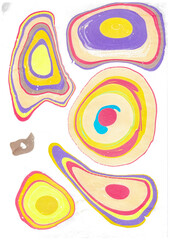 Abstract background with spreading yellow and purple drops. Iridescent curved circles with red spots.
