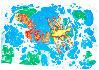 Abstract background with spreading blue and green drops and a fire bird in the center. Blue floating background with green flecks and a firebird