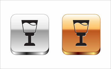 Black Wine glass icon isolated on white background. Wineglass sign. Silver and gold square buttons. Vector