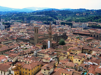 Fototapeta na wymiar View of Florence skyline: Palazzo Bargello tower and Badia Fiorentina abbey steeple