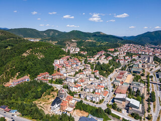 Aerial view of Center of the town of Smolyan, Bulgaria