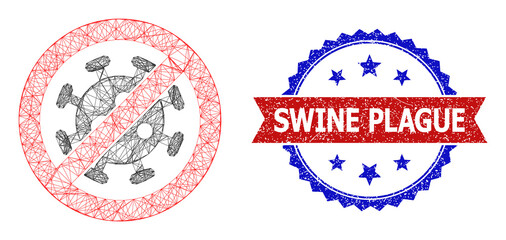 Crossing mesh stop virus carcass illustration, and bicolor unclean Swine Plague seal stamp. Flat model created from stop virus symbol and crossing lines. Vector seal with corroded bicolored style,