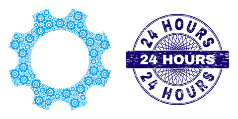 Recursion mosaic gear and 24 Hours round grunge seal. Blue seal includes 24 Hours tag inside circle and guilloche pattern. Vector mosaic is created with scattered rotated gear icons.