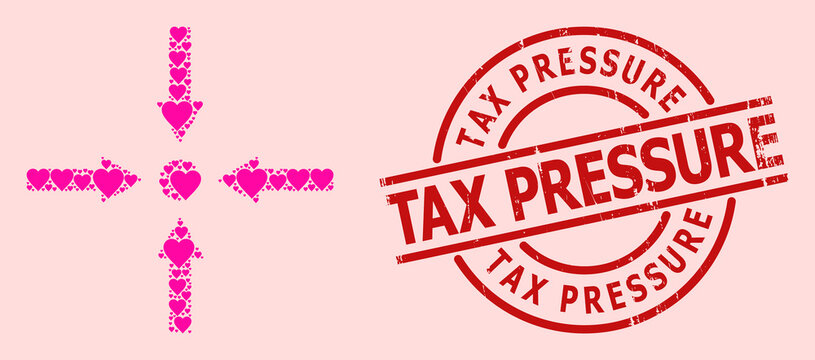 Scratched Tax Pressure stamp seal, and pink love heart mosaic for meeting point arrows. Red round stamp seal contains Tax Pressure text inside circle.