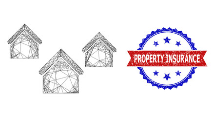 Crossing mesh village houses framework icon, and bicolor scratched Property Insurance watermark. Flat framework created from village houses symbol and intersected lines.