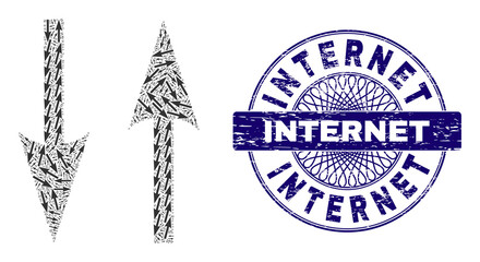 Recursion collage vertical exchange arrows and Internet round unclean stamp. Blue stamp seal includes Internet caption inside circle and guilloche structure.