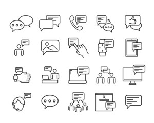 Set of comminucation icons. Flat pictogram for web. Line stroke. Simple talk symbols isolated on white background. Outline chat vector eps10