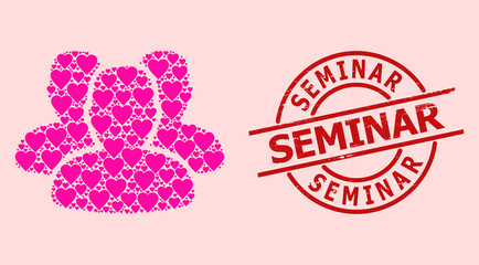 Distress Seminar stamp, and pink love heart mosaic for people. Red round stamp contains Seminar text inside circle. People mosaic is constructed from pink valentine symbols.