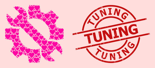 Grunge Tuning stamp, and pink love heart collage for service tools. Red round stamp has Tuning text inside circle. Service tools collage is created with pink wedding elements.