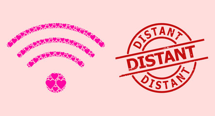 Distress Distant seal, and pink love heart mosaic for wi-fi source. Red round stamp seal has Distant caption inside circle. Wi-fi source mosaic is made from pink romance items.
