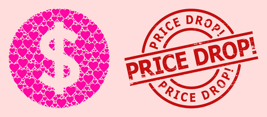 Distress Price Drop! stamp seal, and pink love heart mosaic for price. Red round stamp seal has Price Drop! caption inside circle. Price collage is designed of pink romantic icons.