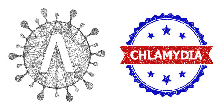 Crossing mesh Lambda coronavirus strain carcass icon, and bicolor unclean Chlamydia seal. Flat mesh created from Lambda coronavirus strain icon and intersected lines.