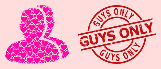 Textured Guys Only stamp seal, and pink love heart collage for customers. Red round stamp has Guys Only title inside circle. Customers collage is formed from pink dating icons.