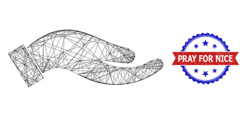 Net mesh petition palm framework icon, and bicolor unclean Pray for Nice seal stamp. Flat framework created from petition palm symbol and crossed lines. Vector watermark with retro bicolored style,