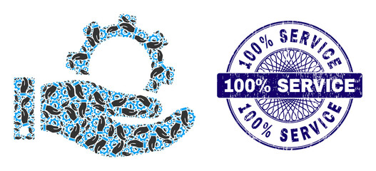 Recursion collage service and 100% Service round grunge stamp. Blue stamp seal includes 100% Service title inside circle and guilloche technique.