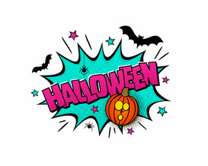 Halloween comic logo. Cartoon explosion with pumpkin, bats, spiders and stars in pop art style. Vector illustration for sticker, badge, poster, banner or party flyer.