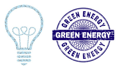 Recursive collage lamp bulb and Green Energy round rubber stamp imitation. Blue stamp includes Green Energy tag inside circle and guilloche technique.