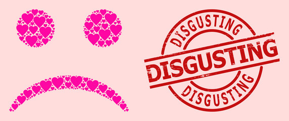 Distress Disgusting stamp seal, and pink love heart pattern for sad smiley. Red round stamp seal includes Disgusting title inside circle. Sad smiley mosaic is created with pink wedding icons.