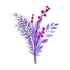 Naklejka premium Christmas branches end berries, winter decoration, blue color. Isolated, white background. Watercolor hand painted illustrations