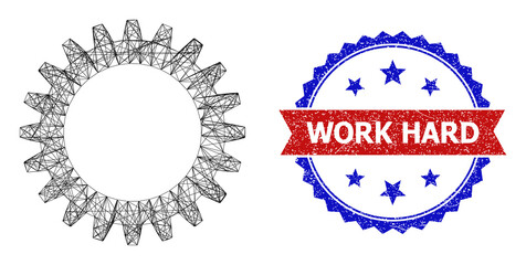 Mesh net cogwheel wireframe icon, and bicolor textured Work Hard watermark. Flat framework created from cogwheel icon and crossing lines. Vector seal with grunge bicolored style,