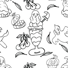 Hand drawn Halloween desserts seamless pattern with holiday elements. A vector illustration that works well for holiday projects and coloring pages.