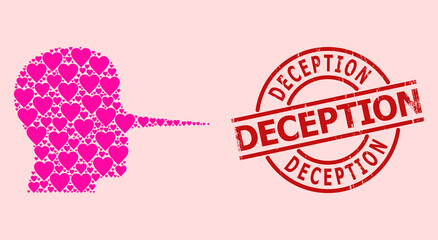 Distress Deception seal, and pink love heart pattern for liar person. Red round stamp seal contains Deception caption inside circle. Liar person collage is organized with pink wedding items. - obrazy, fototapety, plakaty