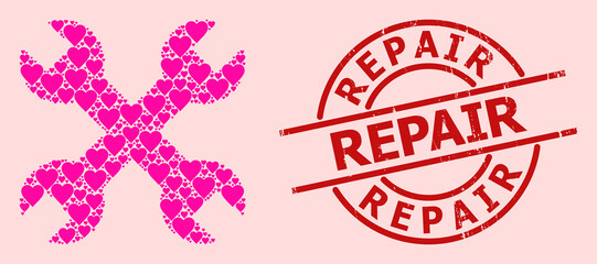 Scratched Repair stamp seal, and pink love heart collage for repair spanners. Red round stamp seal includes Repair title inside circle. Repair spanners mosaic is composed with pink romantic symbols.