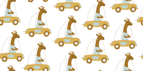 Fototapety  Vector seamless pattern with giraffes driving a car. Scandinavian style kids pattern, perfect for kids textile, print for boys and girls