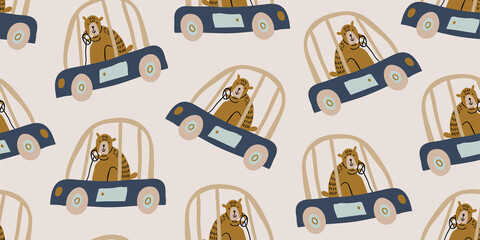 Vector seamless pattern with bears driving a car. Scandinavian style kids pattern, perfect for kids textile, print for boys and girls