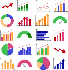 Vector of multiple colorful business charts including pie charts, bar charts and dials showing progress. Charts in straight lines. Measurement, data, reporting. Business, finance. 