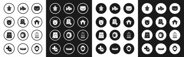 Set Aquarium with fish, Bag of food for dog, Cat, Turtle, Dog house, Fish, Cage birds and icon. Vector