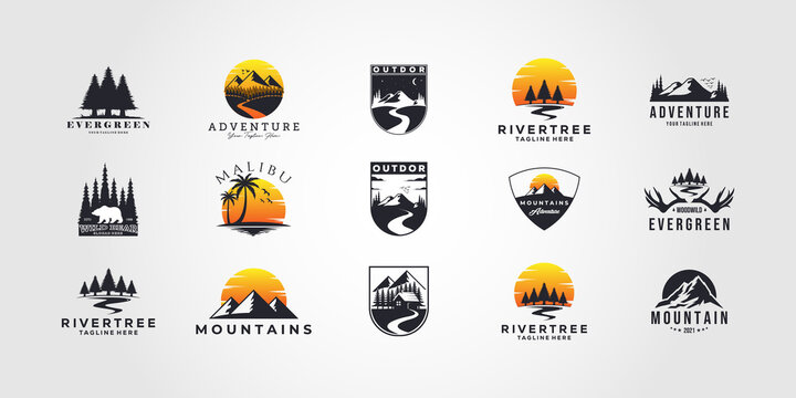 set bundle mountain bundle mountain adventure outdoor landscape logo vector set illustration design collection , camping, wild, life, style, hobby, sport
