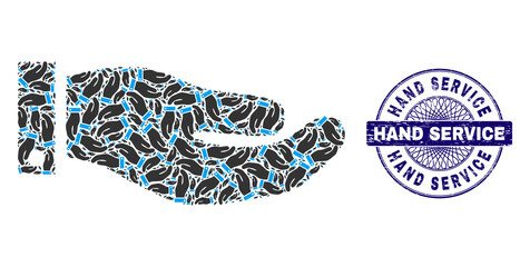 Fractal collage hand and Hand Service round unclean seal. Violet stamp seal includes Hand Service text inside circle and guilloche structure.