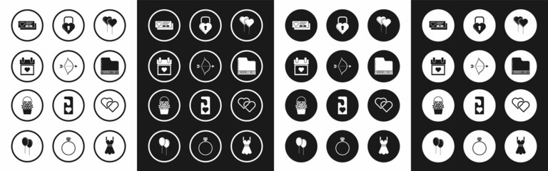 Fototapeta premium Set Balloons in form of heart with ribbon, Bow and arrow, Calendar, Ticket, Grand piano, Castle the shape, Two Linked Hearts and Flowers basket icon. Vector