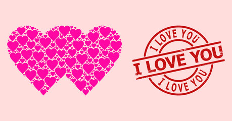 Distress I Love You stamp seal, and pink love heart mosaic for lovely hearts. Red round stamp seal contains I Love You title inside circle.
