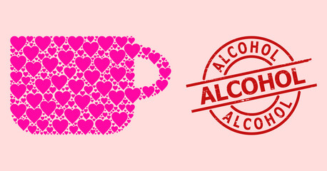 Textured Alcohol stamp seal, and pink love heart collage for tea cup. Red round stamp seal includes Alcohol text inside circle. Tea cup mosaic is composed with pink romantic elements.