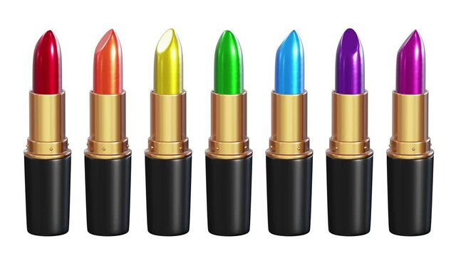 Realistic looping 3D animation of the spinning rainbow colors shiny lipsticks set rendered in UHD with alpha matte
