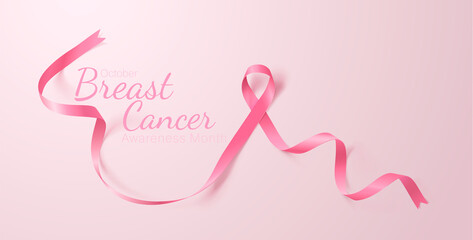Breast Cancer Awareness Calligraphy Poster Design. Realistic Pink Ribbon.