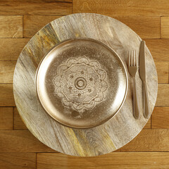 Flat golden photo of kitchen tools and free space for your decoration. 