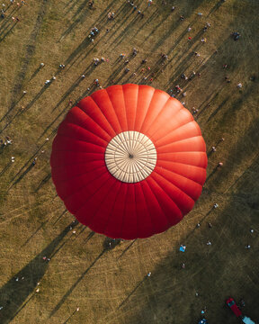 Aerial view of hot air balloon from above, Vilnius, Lithuania.